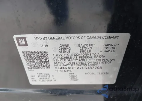 2020 Chevrolet Equinox Awd Lt 1.5L Turbo from USA, damaged, VIN 2GNAXUEV7L6187798